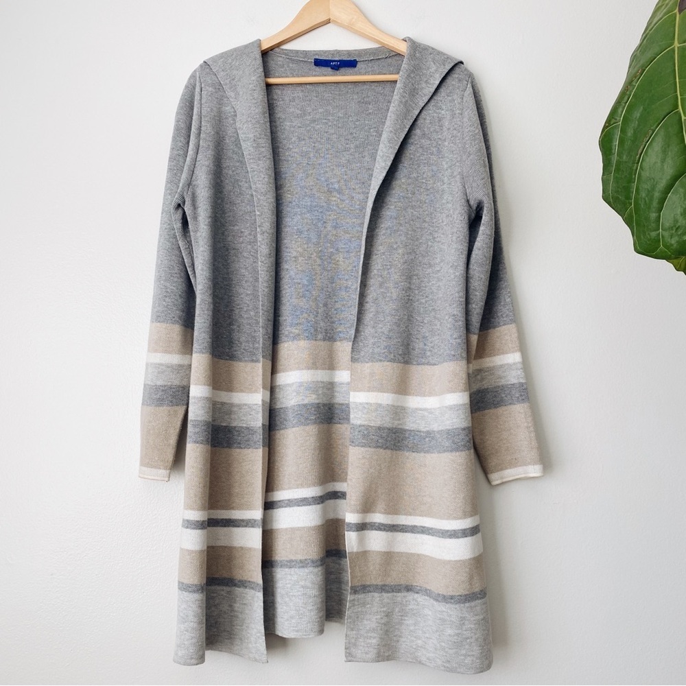 APT9 Long Open Cardigan Color Block Neutral Cozy Knit Wear Relaxed Fit Gray Tan - Picture 7 of 8